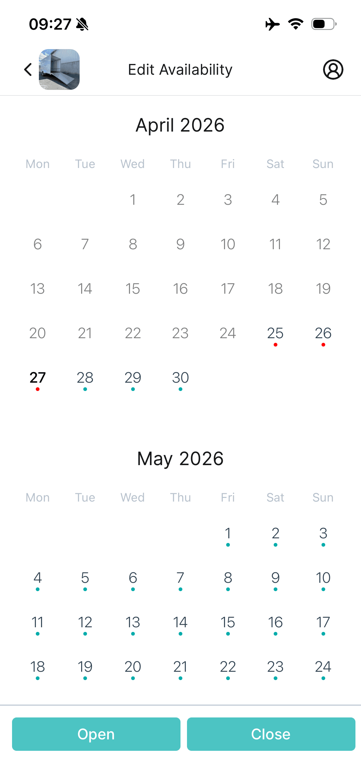 Edit availability calendar screen showing open and closed dates