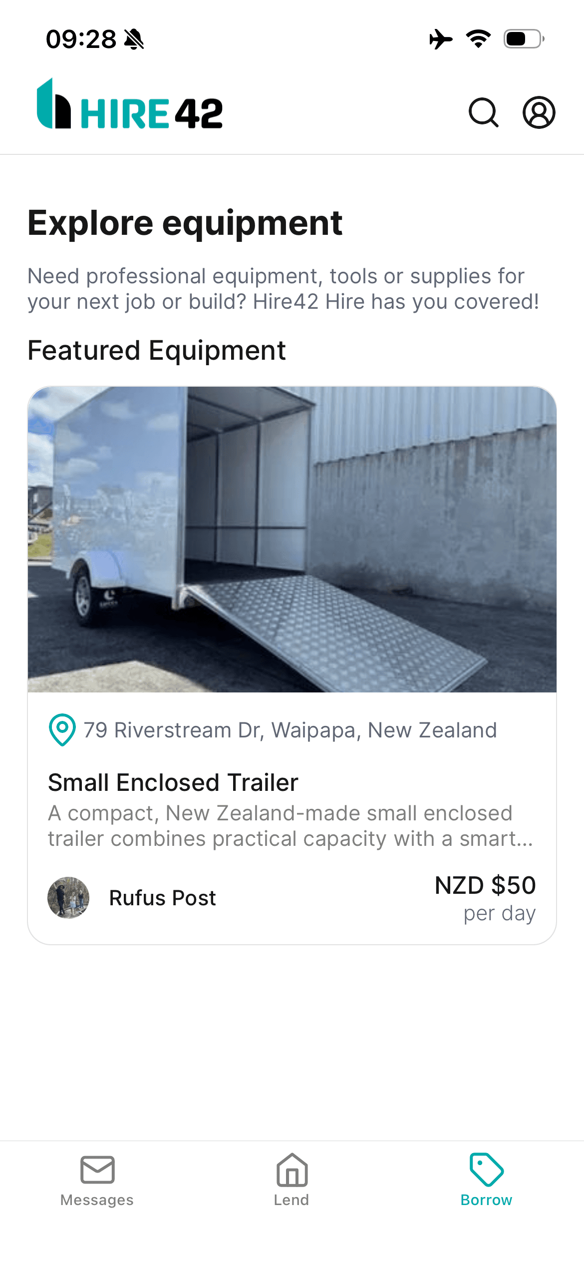 Hire42 app home screen showing featured equipment listings