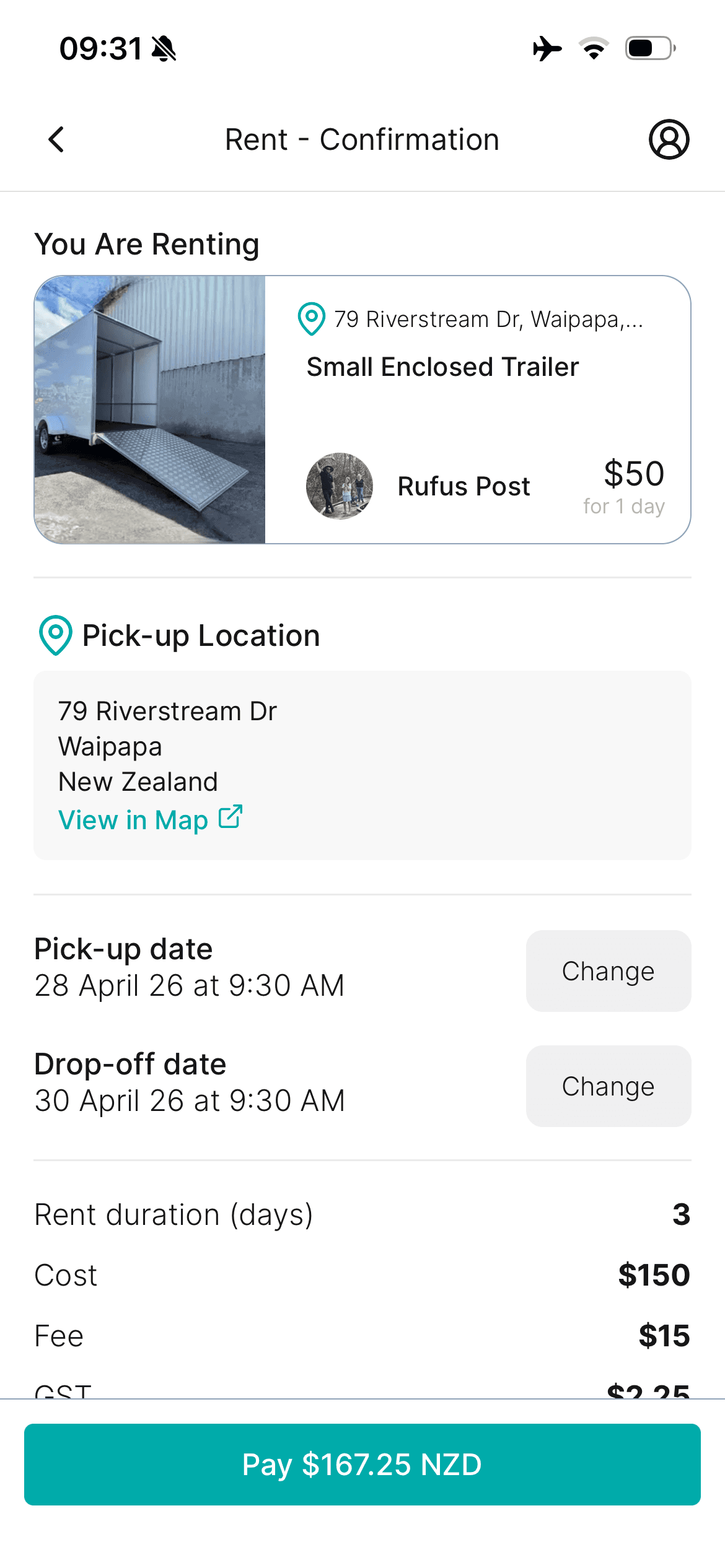 Rent confirmation screen showing pricing breakdown and Pay button