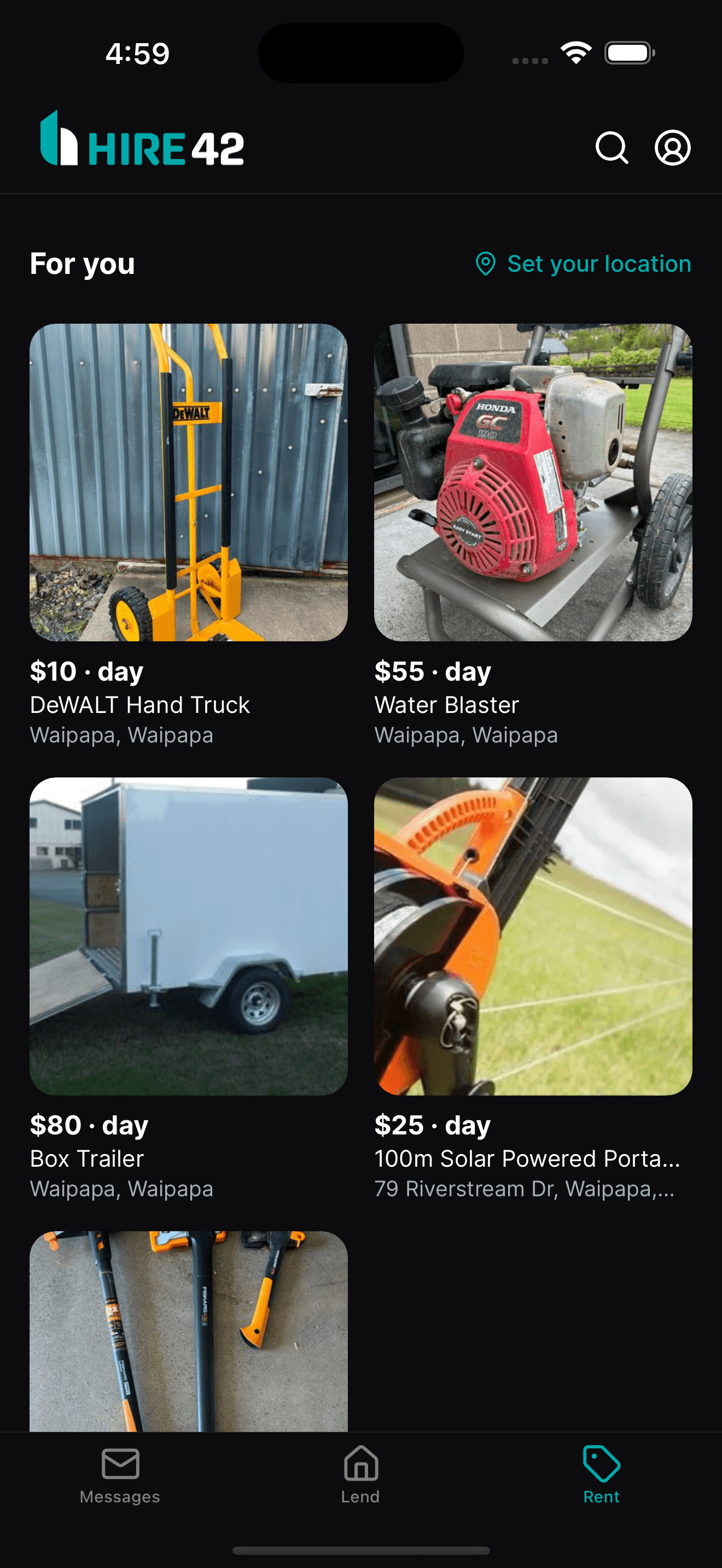 Hire42 app home screen showing featured equipment listings
