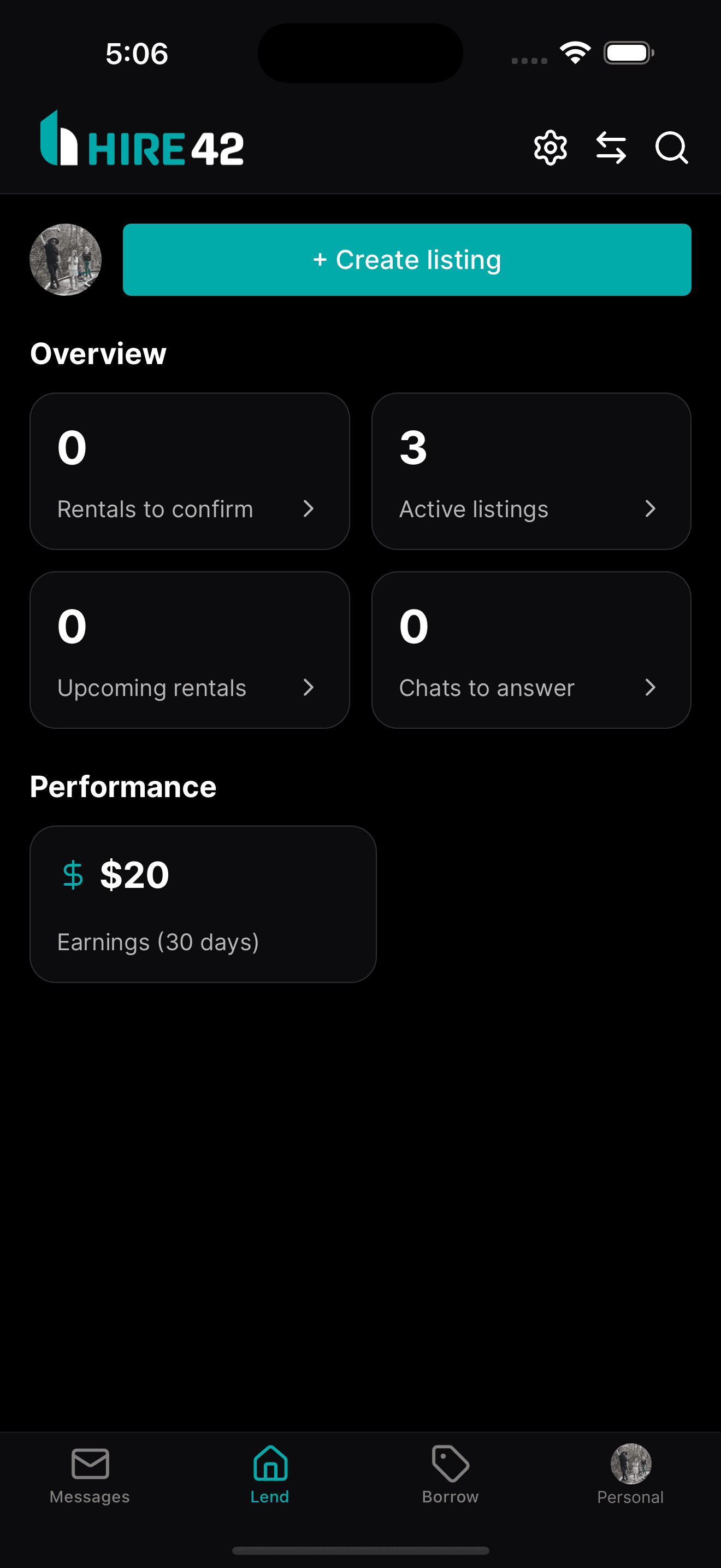 Lender overview dashboard showing active listings and earnings