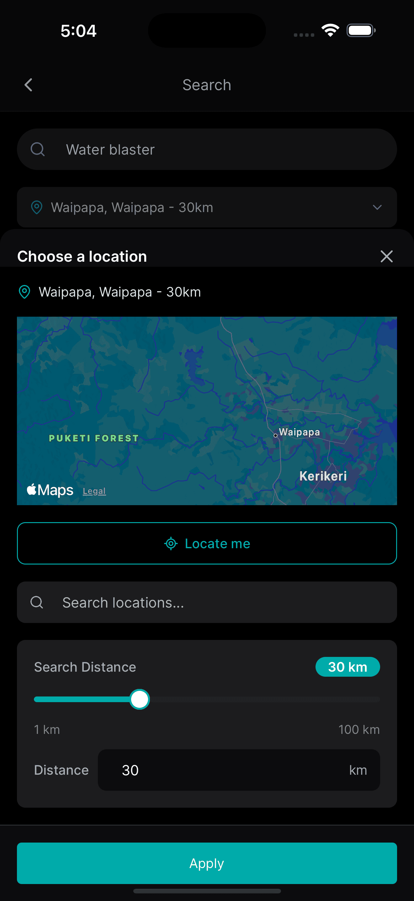 Search screen with a map and distance filter for finding equipment nearby