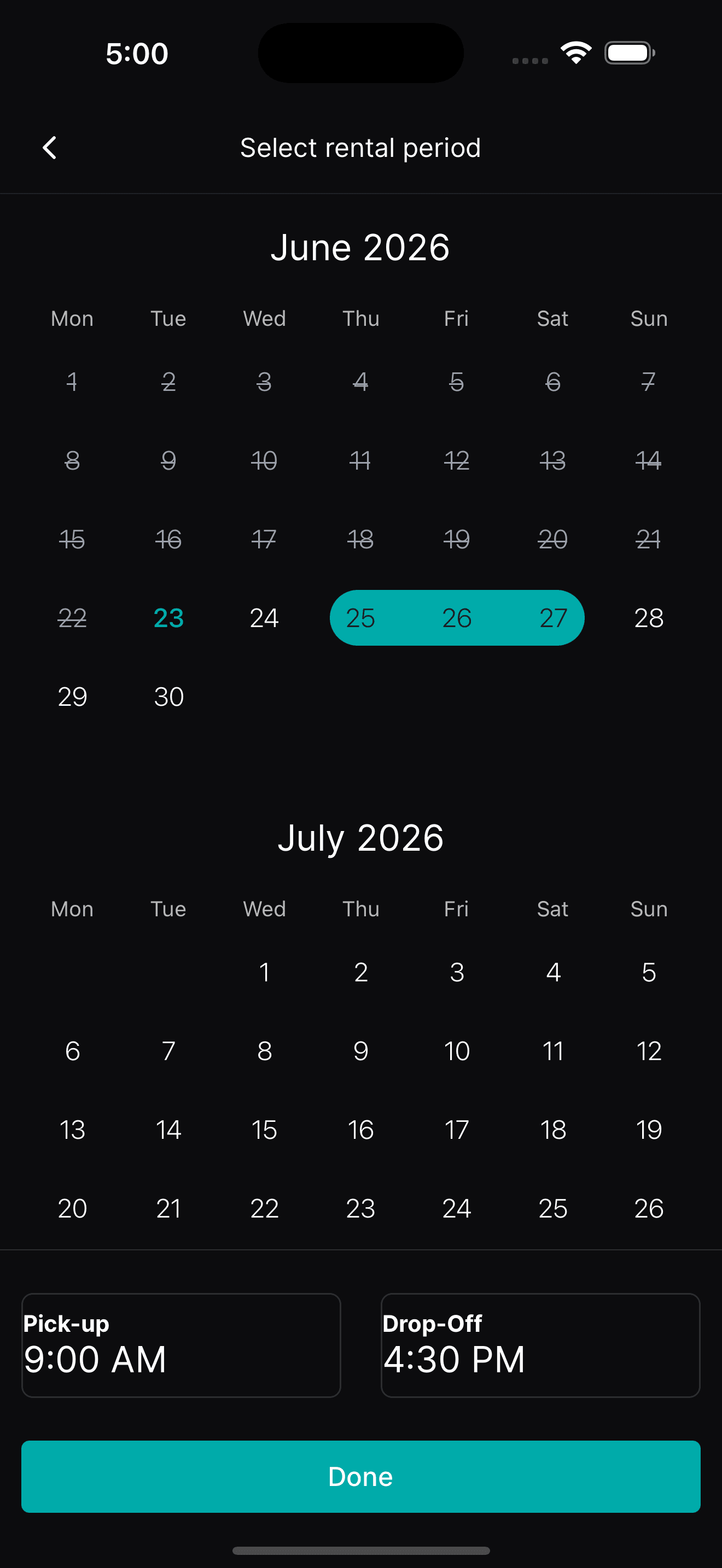 Select rental period screen showing a calendar with pick-up and drop-off times
